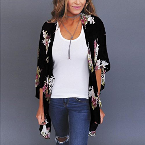 Tootu Women Chiffon Loose Shawl Print Kimono Cardigan Top Cover Up Blouse Beachwear (S, Black)