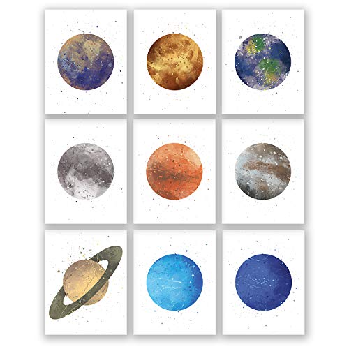 Set of 9 Posters with Planets on Night Sky -Mercury- Venus - Moon - Earth - Mars -Jupiter - Saturn - Uranus - Neptune - Watercolor Art - Solar System Print - Bedroom Wall Decoration (White, 8x10)