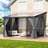 AECOJOY 12' x 8' Gazebo Outdoor Pergola, Hard Top Lean to 8x12 Gazebo with Curtains and Netting, Pergolas and Gazebos Clearance with Patio Roof, Large Wall-Mounted Heavy Duty Awnings for Patio, Decks