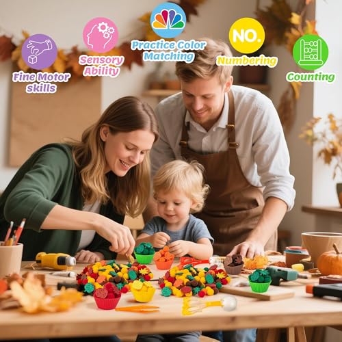 Image of EZdhuawuse Fall Sensory Bin Fillers Toys- 267Pcs Thanksgiving Gifts Fine Sorting Stacking Motor Toys for Kids, Autumn Glitter Felt Maple Leaf Pumpkin Sorting Activity for Preschool Early Development