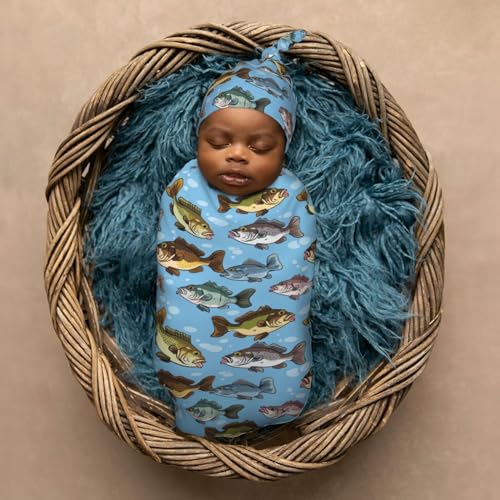 Image of Watercolor Bass Fishes Newborn Swaddle Blankets Hat Sets Soft Baby Receiving Blanket Swaddle Sack for Baby Shower Infant Boy Girl Gift