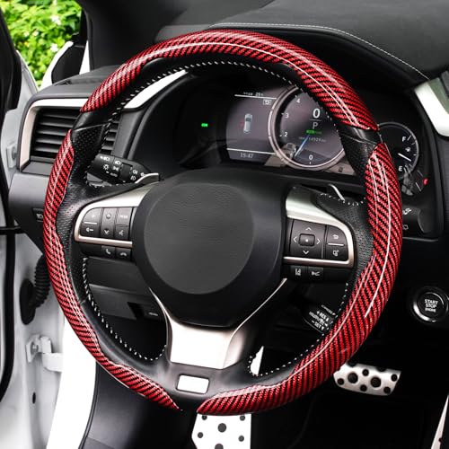 Image of Amiss 3pcs Carbon Fiber Anti-Skid Steering Wheel Cover, Waterproof Design, Universal Fit for 14-16 Inch Car Wheel Cover, Interior Car Accessories for Jeeps, SUVs, Trucks (Glossy Red)