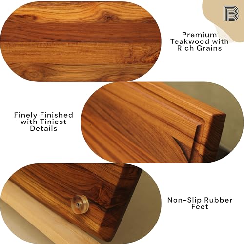 Image of Edge Grain Wood Chopping Board | Teakwood Cutting Board with Non-Slip Rubber feet | Vegetables, Meat, Cheese Cutting | Food Grade Finish with Mineral Oil and Beeswax | 1 Year Warranty