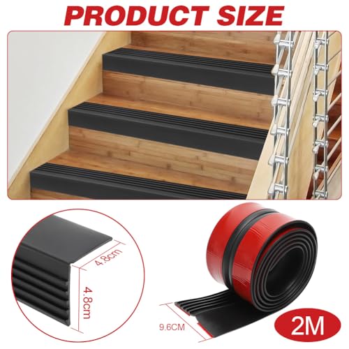 Yuragim Treppenkantenprofil Selbstklebend, 2M Kantenschutz Treppe Schwarz Gummi Treppen-Kantenprofil Selbstklebend, Antirutsch Treppenkantenschutz Rutschfeste Treppenstufe für Außen und Innenbereich