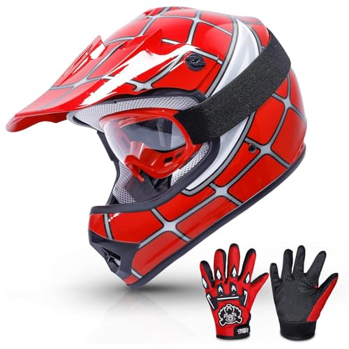 TCMT Dot Youth & Kids Motocross Offroad Street Red Spider Motorcycle Youth Helmet Dirt Bike Motocross ATV Helmet+Goggles+Gloves L