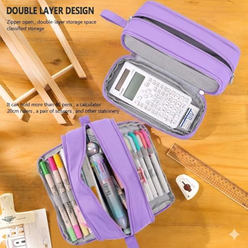 Image of 4 Compartments Pencil Case for Boys,Big Canvas Pen Pouch Bag, Large Capacity Pen Box, Tool Bag for Middle School College Office Organizer for Kids Men Women Adult Teens [Purple Color]