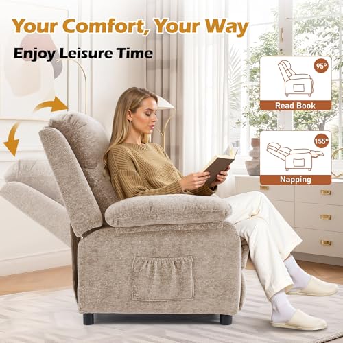 Image of Korser Recliner Chair, Living Room Chairs for Adults, Padded Deep Seat Reading Chair with Side Pockets, Small Recliners for Small Spaces, Lounge Chair for Living Room, Bedroom, and RV (Chenille)