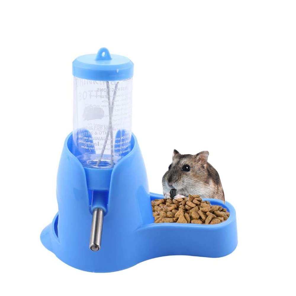 3 in 1 Hamster Hanging Water Bottle,Little Pet Automatic Drinking Bottle with Food Container,Hanging Ball to Prevent Water Leakage,for Hamsters,Rats,Guinea Pigs,Rabbits (Blue-80ml)