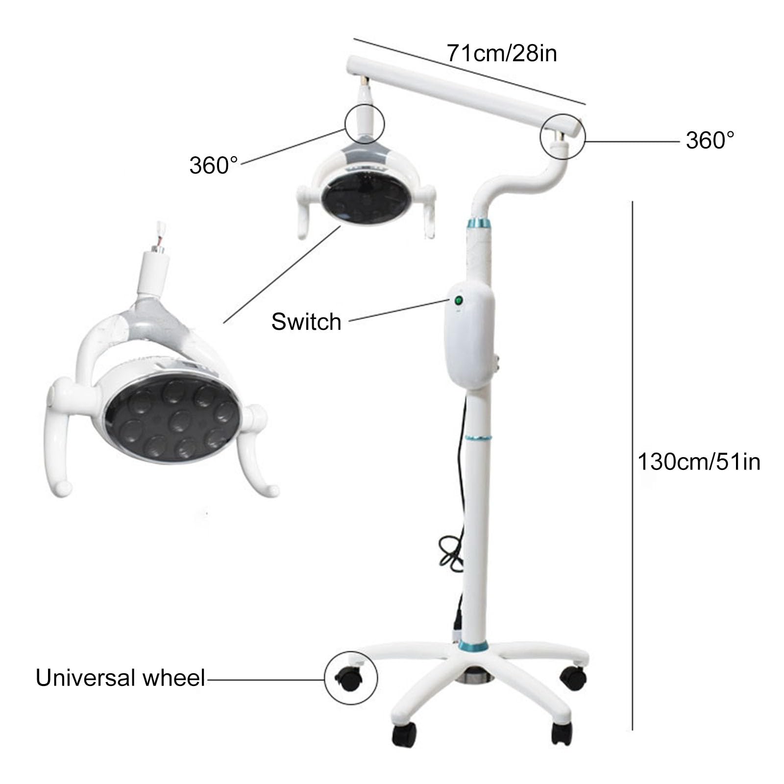Lampada per Visita Medica Mobile da 30W, Lampada Scialitica Dimmerabile, Lampada per Visita Chirurgica, Apparecchiatura per Terapia Orale da Pavimento, con 9 Lampadine a LED