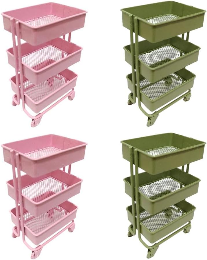 1:12 Dollhouse Metal Storage Shelf Rack, 3-Tier Morden Style Display Stand with 4 Wheels, Miniature Furniture Model for Dollhouse Decor Accessories, Green & Pink Color Optio, As Described