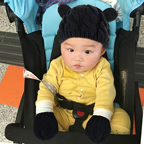 2 Set Newborn Winter Beanie Hats Gloves Kit For Baby Girls Boys Infant Toddler Warm Knitted Hats Glove Autumn Spring 3-6 Months (Black & Gray) #TOP6