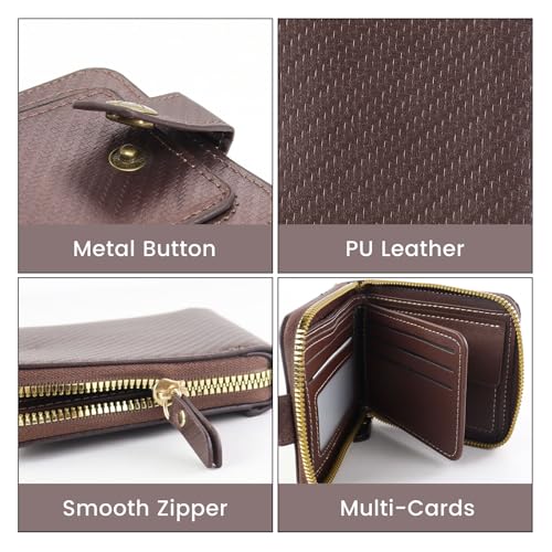 Image of Men Wallet, Vintage PU Leather Multi-Card Zipper Wallet with 8 Card Slots and Coin Pocket Large Capacity Buckle Credit Card Holder Wallet with Zipper (B, Dark Brown)