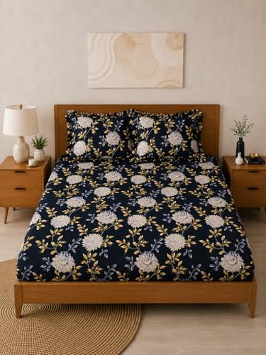 Image of 380 TC Premium Glace Cotton Elastic Fitted Bedsheet King Size with 2 Pillow Covers King Size | Double Bed with All Around Elastic (Black Floral, Fitted Queen-60x78)
