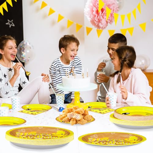 Image of Grencian 96Pcs Duck Birthday Party Decorations,Serve 24 | Cartoon Yellow Duck Plates and Napkins Tableware Set Duckie Baby Shower Decorations for One Lucky Ducks Birthday Supplies