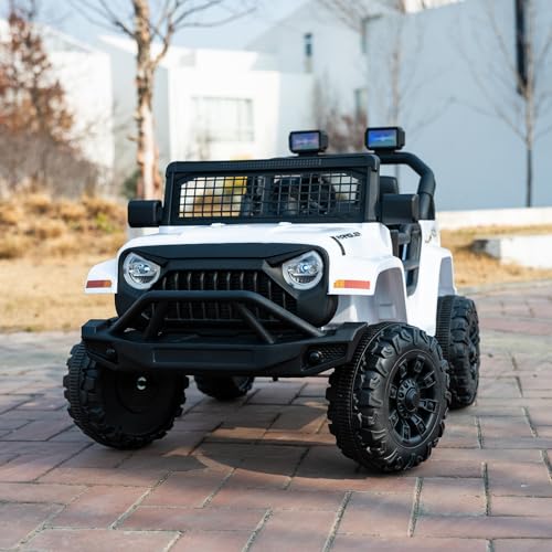 Image of 12V 7AH Kids Ride-On Truck Car, Electric Car with Parent Remote Control, Spring Suspension, LED Lights, Bluetooth, Music, White