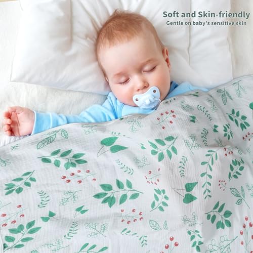 Image of Muslin Swaddle Blankets for Newborn, 2 Pack Breathable Soft Receiving Blanket, Large 41 x 41 inches Swaddle Wrap Burping Clothes, Essentials Infant Shower Items. (Green & Leaves)
