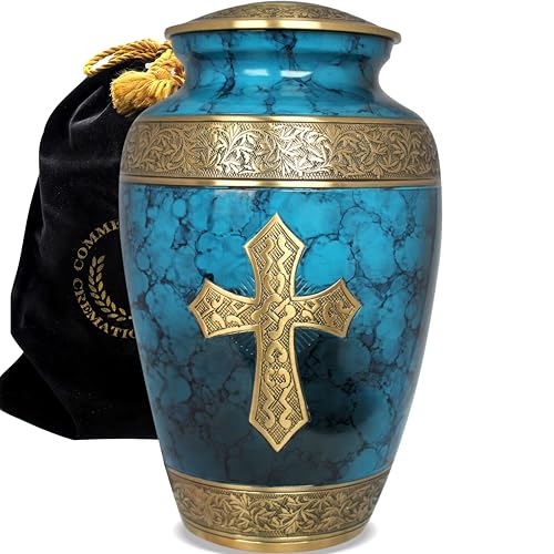 Image of Blue Cross Cremation Urn for Ashes Adult Male - Personalized Cremation Urns for Human Ashes Adult Man Decorative Urns - Beautifully Handcrafted Cross Urn