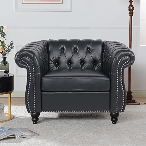Image of LEVNARY Leather Upholstered Armchair, Mid-Century Modern Single Sofa Chair with Rolled Arms and Nailhead, Tufted Pu Leather Chesterfield Chair for Home Bedroom Reading Room (Black)