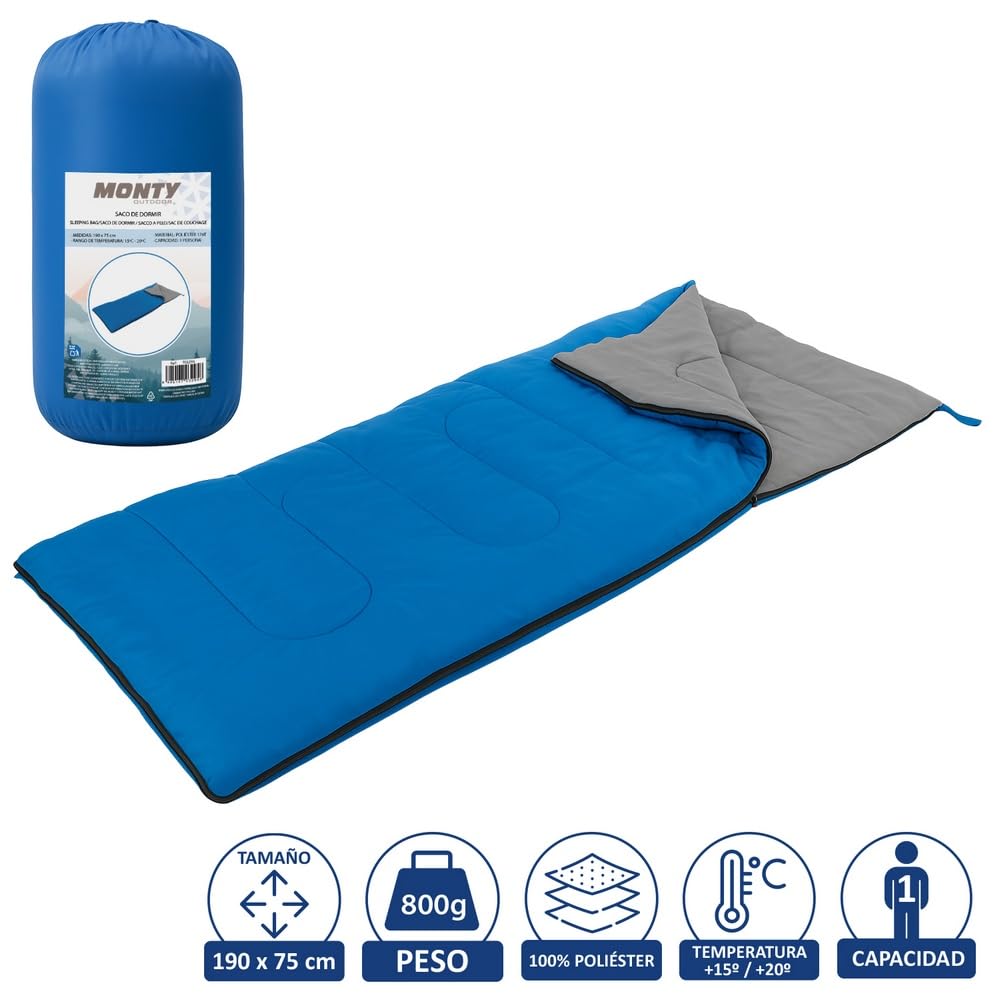 MONTY Saco de Dormir para Adulto de 190x75 cm en Color Granate. 3-4 Estaciones. Relleno de Fibra Hueca de 1200 gr, temperaturas de 10-15 Grados. con Cremallera Lateral y Bolsa de guardado.