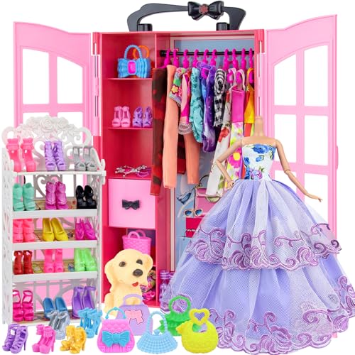 ZITA ELEMENT 120 Pcs Doll Clothes and Accessories 11.5 Inch Dolls Closet Include Clothes, Dresses, Shoes, Shoes Rack, Bags, Necklace, Hangers for 11.5