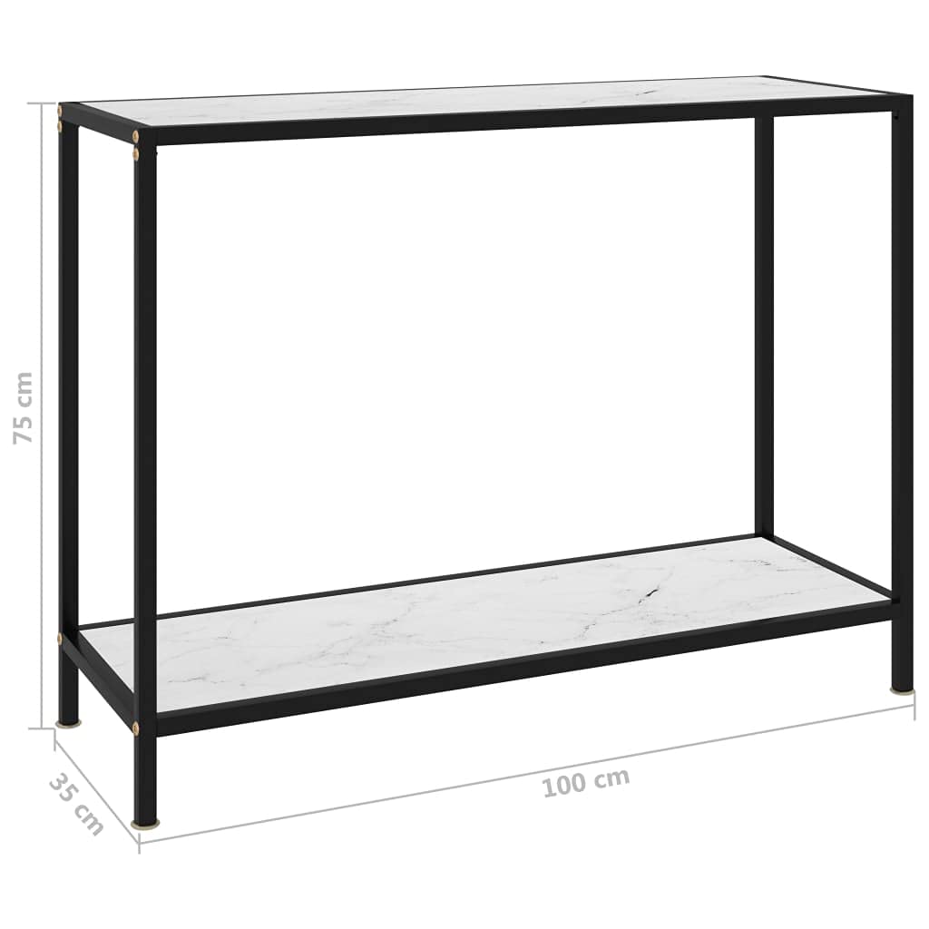 Biały stolik konsolowy, 100 x 35 x 75 cm, ze szkła hartowanego i stali malowanej proszkowo, z półką, do korytarza, salonu, biura, stylowy wygląd marmuru