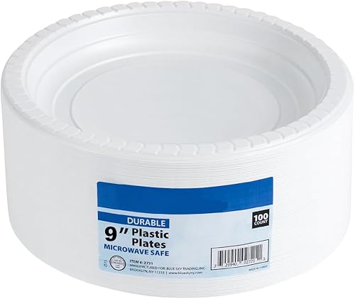 Miniatura 2 de Blue Sky Platos de plástico blanco de 9 pulgadas, 100 unidades, platos de plástico desechables, aptos para microondas, perfectos para fiestas de