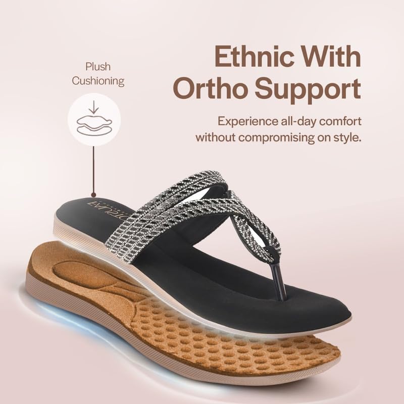 Image of FAUSTO Women T-Strap Slip On Ethnic Sandals with Rhinestone Strap | Wedge Ortho Slip-On Slippers | Perfect for Wedding, Festive Outfits