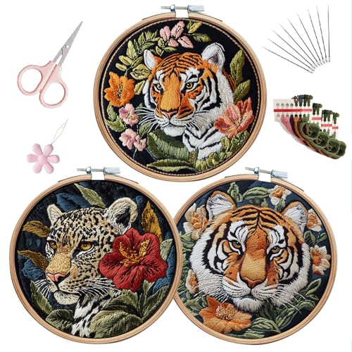 Image of LB Red Floral Embroidery Kit for Beginners Adults, 3 Sets Hand Embroidery Starter Kit with Tiger Pattern and Instructions Stamped Cross Stitch Kits Include Embroidery Hoop Needles Threads Scissors