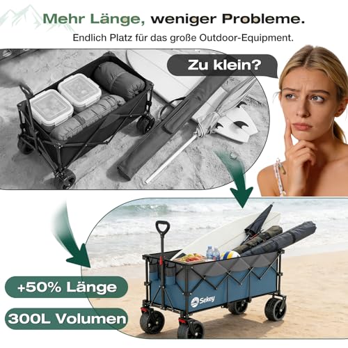 Sekey XXXL Bollerwagen Faltbar 300L 200KG Belastbar, verlängerter Faltbollerwagen mit Extra Breite 17x10 cm All-Terrain-Räder Handwagen, Patentiert 4-Wege-Sofortaufbau Transportwagen, Blau mit Grau