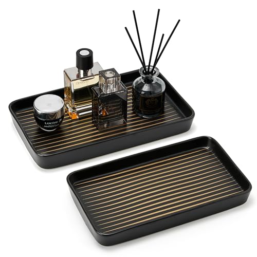 Pottify Bathroom Vanity Tray for Countertop,2PC Rectangle Striped Tray,Decorative Bathroom Organizer for Scrubber, Lotion Bottles, Perfume, Jewelry, Candle, Key Trinket Ring(Large,Black)