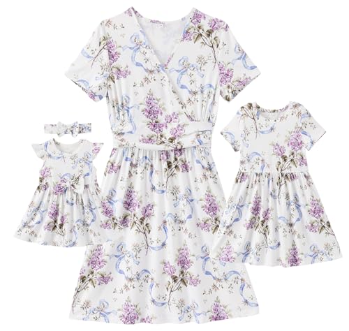 Image of Mommy and Me Floral Dresses Mother Daughter Matching Short Sleeve Tshirt Midi Dress Crew Neck Outfits with Pockets