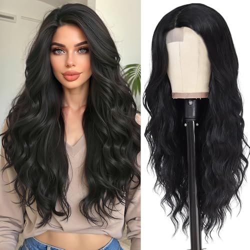 Esmee Peluca Larga Ondulada Negra para Mujer Pelucas de Encaje Sintético Natural con Parte Media para Uso Diario en Fiestas