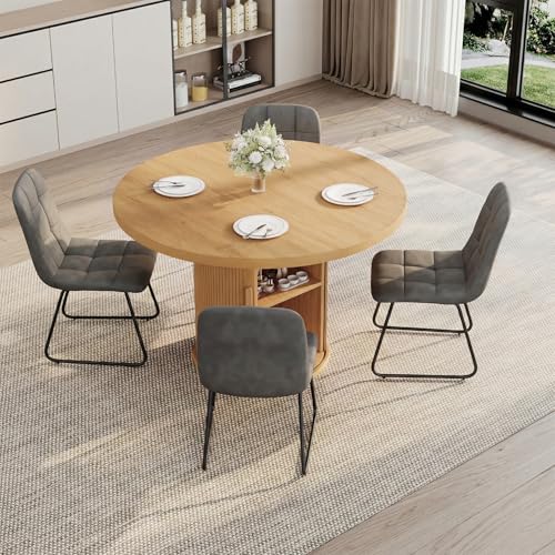 Image of 5-Piece Dining Set for Small Spaces 43.3 inch Round Table & 4 PU Leather Chairs, Modern Farmhouse with Storage Shelf, Apartment Kitchen Easy Assembly (Natural Color Round Table + 4 U-Shaped Gray Chairs)