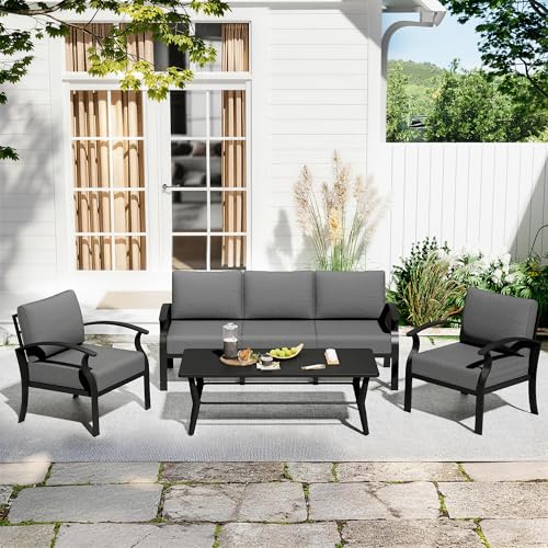 Image of Aluminum Patio Furniture Set with Rectangular Coffee Table, 5 Seats Outdoor Patio Conversation Sets w /5.1 inch Cushions,Patio Conversation Sets for Garden, Backyard, Porch-Grey