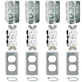 (Pack of 4) Outlet Box Kit, 2x4'' Utility Electrical Box, Duplex Receptacle 2x4'' Cover, Tamper Resistant 20 Amp Duplex Receptacle Outlet, Green Pigtail Grounding Wire and Screw, Ten 1/2'' Knockouts