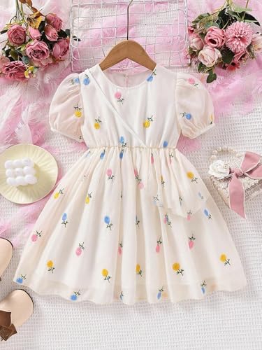 Image of TAGAS Girls Swiss Dot Floral Print Dress Sleeve Less Round Neck Elastic Waist Dress for Girls(KD-399)
