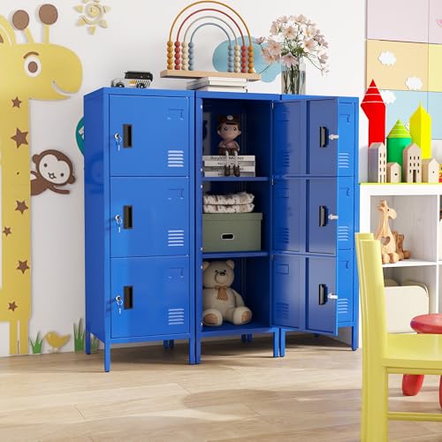 Image of Aobabo 16 inch W 3 Door Metal Storage Locker with Lock, 47 inch H Steel Locker with Name Card Holder and Metal Leg for School, Home, Office, Playroom, Assembly Required, Blue