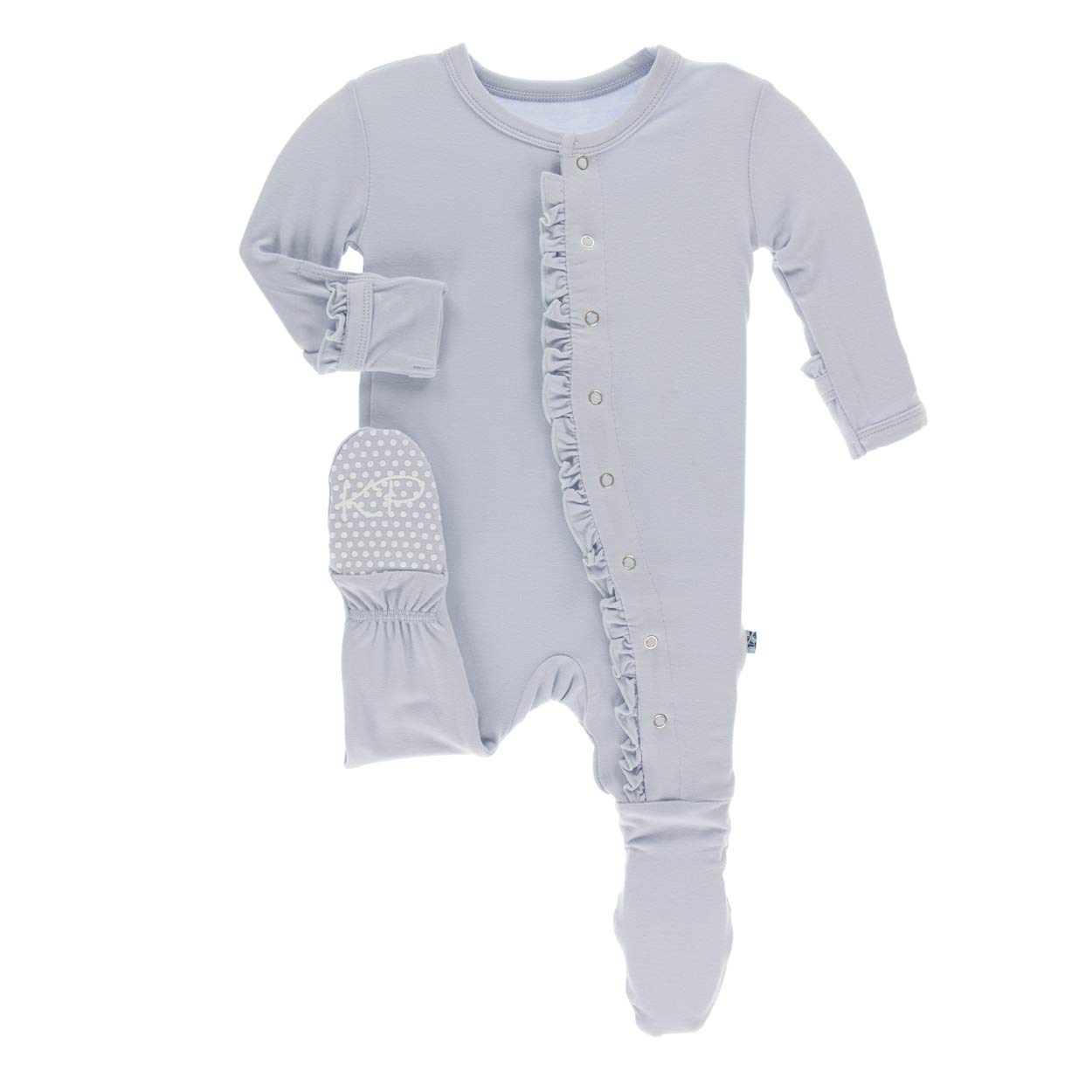 KicKee Pants Little Girls Solid Classic Ruffle Footie with Snaps - Dew, 6-9 Months