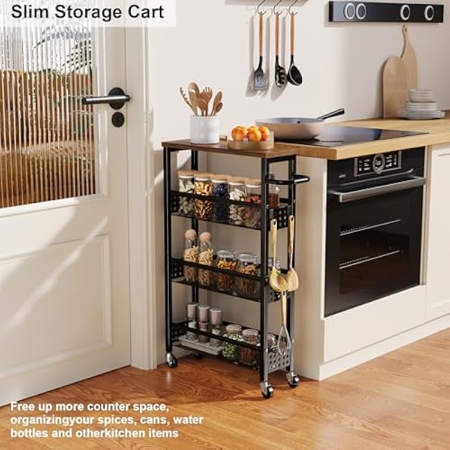 Slim Rolling Cart, 4 Tier Storage Cart, Narrow Cart with Handle, 5.1 Inches Deep, Metal Frame, for Kitchen, Dining Room, Living Room, Home Office, Rustic Brown and Classic Black-Z7cX0QRh