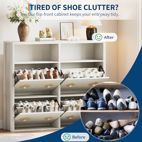 Image of GarveeHome Shoe Cabinet with 4 Flip Drawers, Narrow Wood Shoe Organizer Cabinet with Floral Pattern, Freestanding Slim Shoe Rack Cabinet with Adjustable Shelves & Open Storage, for Entryway, White