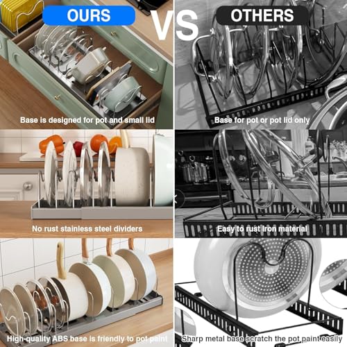 Image of Pan Organizer Rack for Kitchen Pot Holder Expandable Utensils Organiser with 9 Adjustable Dividers Pot and Pan Holder Racks for Cabinet Countertop Gray
