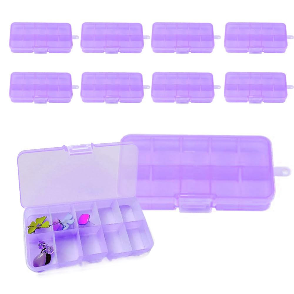 10 Pack Plastic Jewelry Box - Grid Organizer Storage Box with Adjustable Dividers Plastic Compartment Container for Bead Jewelry Craft Tackles (Purple 10 Slots)