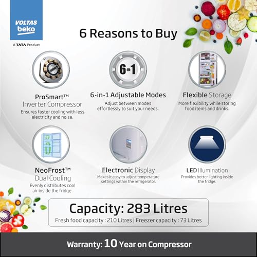Image of Voltas Beko, A Tata Product 283 L, 2-Star Double Door Frost Free ProSmart Inverter Refrigerator with NeoFrost Dual Cooling Technology (RFF334C / 2WPV100RXID, Hairline Silver)