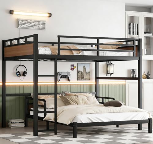 La Mejor Recopilación de Literas Desmontables los mejores 10. 45 Bellemave Litera Desmontable Queen sobre Queen, litera de Metal con barandillas, Camas Tipo Loft tamaño Queen para niños, Adolescentes y Adultos (Color Nogal)
