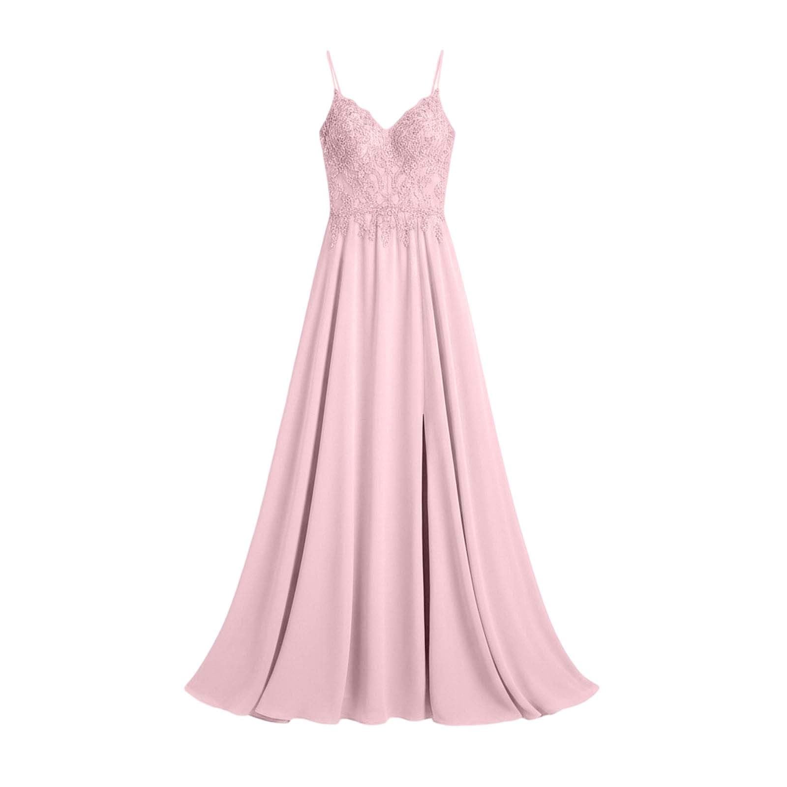 Vestido de baile de graduación para mujer, de gasa, largo, cuello en V, vestido de encaje, vestido de dama de honor, línea A, vestido de noche con abertura, vestido de cóctel, vestido de tirantes