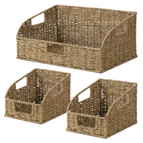 StorageWorks Seagrass Pantry Storage Baskets, Wicker Baskets with Built-in Handles, Handwoven Shelf Baskets for Organizing, Pantry Organizers and Storage, 3 Pack