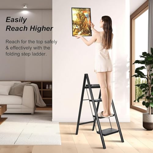 Image of Ladder 4 Step Folding,150KG Capacity Sturdy Ladder Small Stool for Adults, Closet Step Stool Anti-Slip Wide Pedals, Portable Folding for Home Kitchen Office (4 Step - Black)