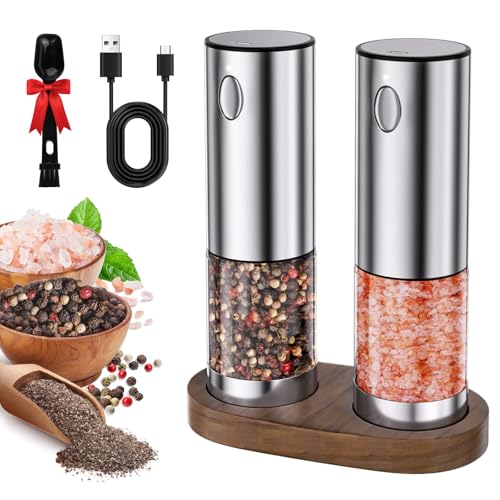 Electric Salt and Pepper Grinder Set, Rechargeable Automatic Pepper Grinder with Wooden Tray, 5 Adjustable Coarseness, LED Light, 2.3oz Capacity, Refillable, Perfect for Home Cooks, Stainless Steel