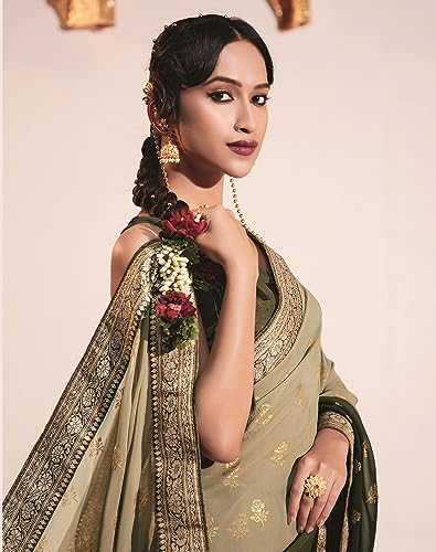 Image of SIRIL Women's Lace & Foil Printed Georgette Saree with Unstitched Blouse Piece(2826S476 Mehndi Green, Dusty Green)