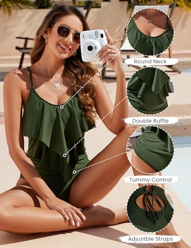 Image of Edelqual Women One Piece Tummy Control Swimsuit Full Coverage Bathing Suit | Adjustable Spaghetti Strap,Flattering Ruffled Layered Front,Removable Pads,Tie Back,Scoop Neck,Quick-Dry Fabric,Beach & Pool